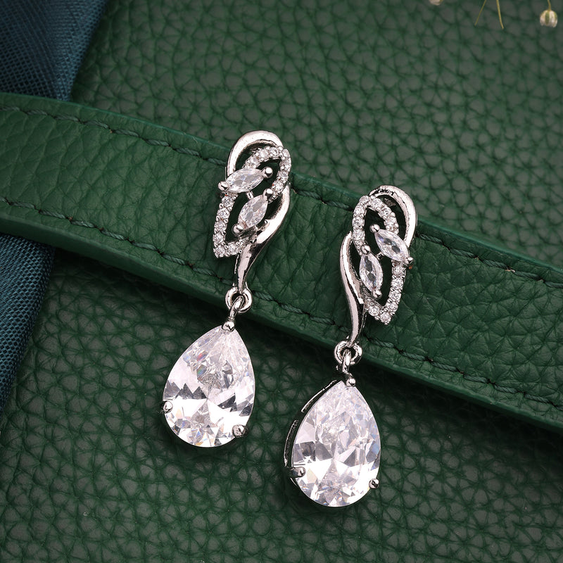 Rhodium Plated Silver Toned Teardrop Shaped White American Diamond Studded Drop Earrings