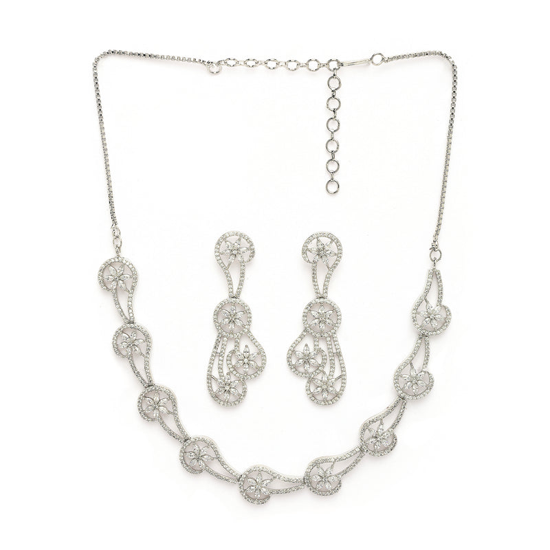 Rhodium Plated Silver Toned Floral Shaped White American Diamond Studded Jewellery Set