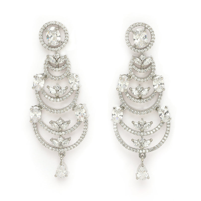 Rhodium Plated Silver Toned Crescent Shaped White American Diamond Studded Jewellery Set