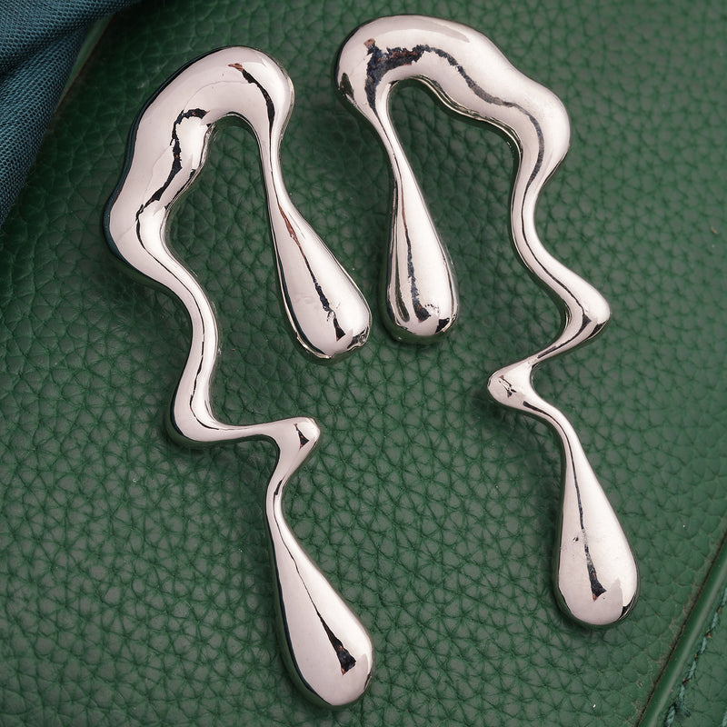 Rhodium Plated Silver Toned Abstract Drip Stylish Earrings