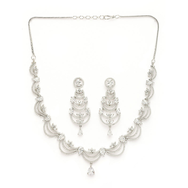 Rhodium Plated Silver Toned Crescent Shaped White American Diamond Studded Jewellery Set