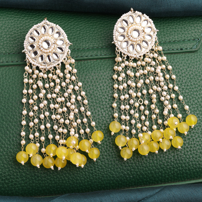 Traditional Gold Plated Yellow & White kundan Studded Pearl Beaded Dangler Earrings