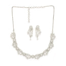 Rhodium Plated Silver Toned Leaf Shaped White American Diamond Studded Jewellery Set