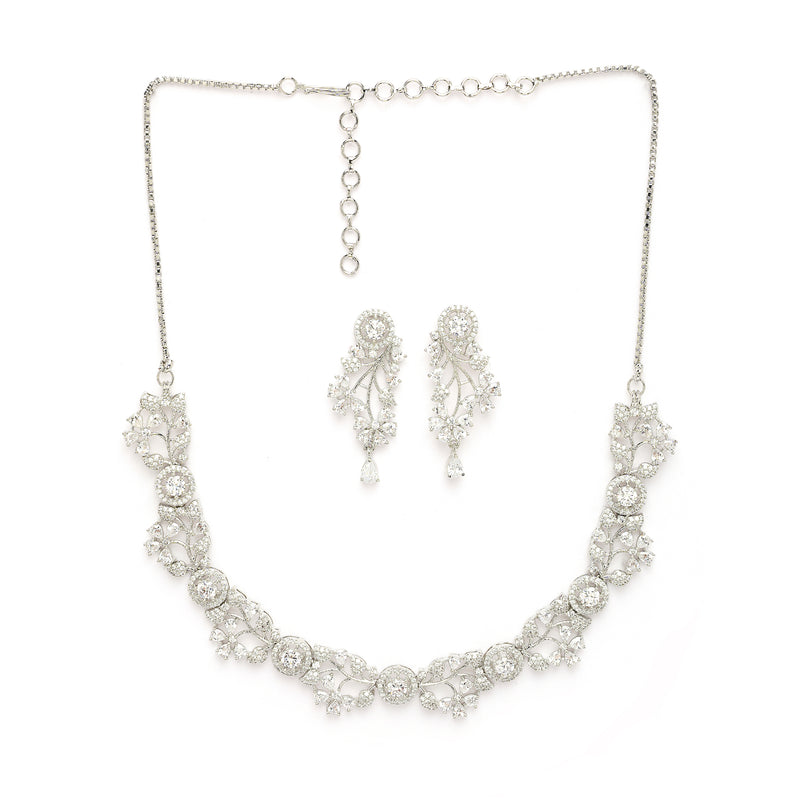 Rhodium Plated Silver Toned Leaf Shaped White American Diamond Studded Jewellery Set