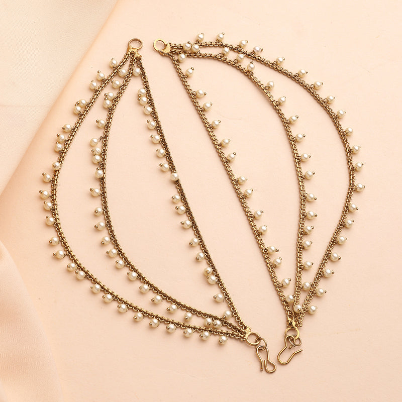 Traditional Gold Plated White Pearl Beaded Multi Layered Ear Chain Earrings