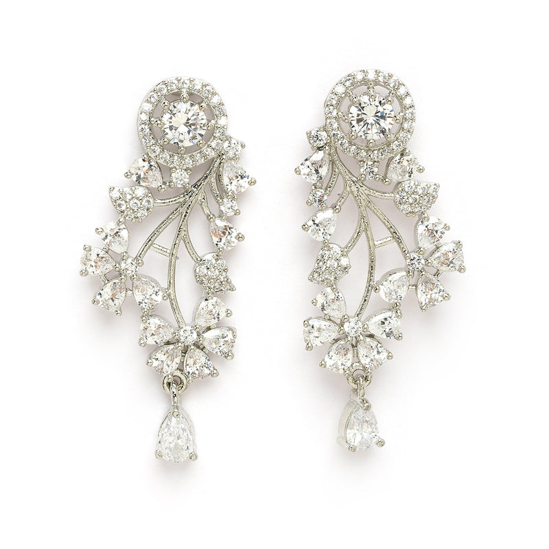 Rhodium Plated Silver Toned Leaf Shaped White American Diamond Studded Jewellery Set