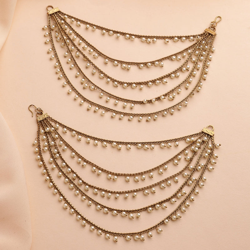 Traditional Gold Plated Purple & White Pearl Beaded Multi Layered Ear Chain Earrings