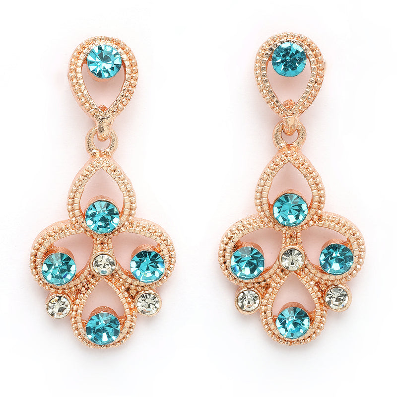 Rose Gold Plated Teardrop Shaped Blue Cubic Zirconia Studded Jewellery Set