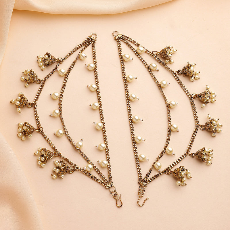 Traditional Gold Plated White Pearl Beaded Multi Layered Ear Chain Earrings