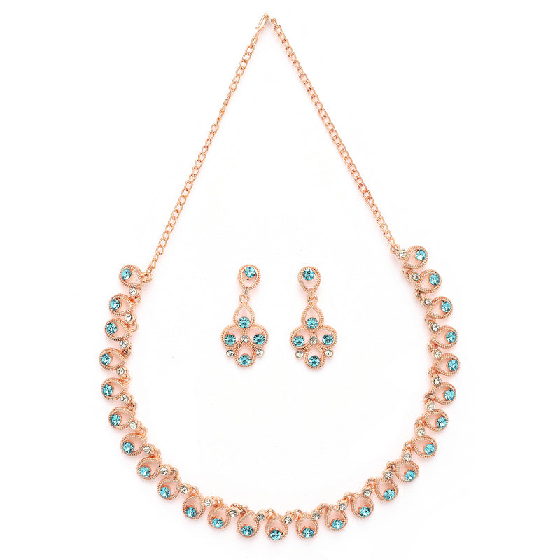 Rose Gold Plated Teardrop Shaped Blue Cubic Zirconia Studded Jewellery Set
