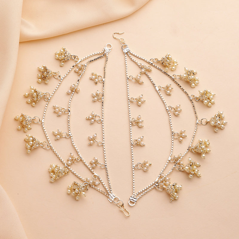 Traditional Gold Plated White Pearl Beaded Jhumkis Multi Layered Ear Chain Earrings