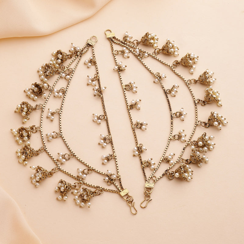 Traditional Gold Plated White Pearl Beaded Multi Layered Ear Chain Earrings