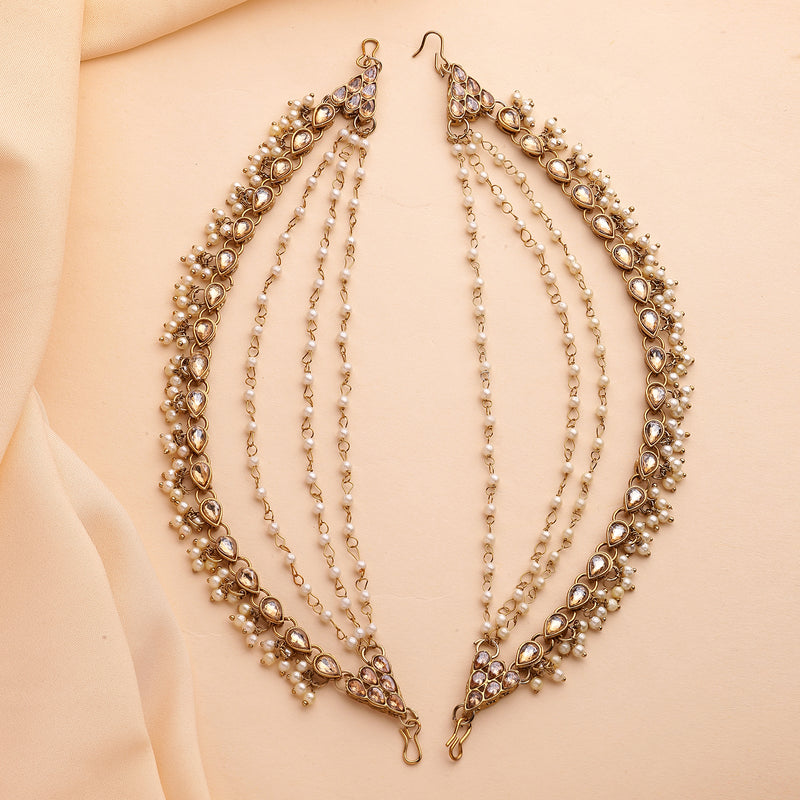 Traditional Gold Plated White Kundan Pearl Beaded Multi Layered Ear Chain Earrings