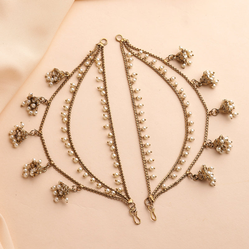 Traditional Gold Plated White Pearl Beaded Multi Layered Ear Chain Earrings