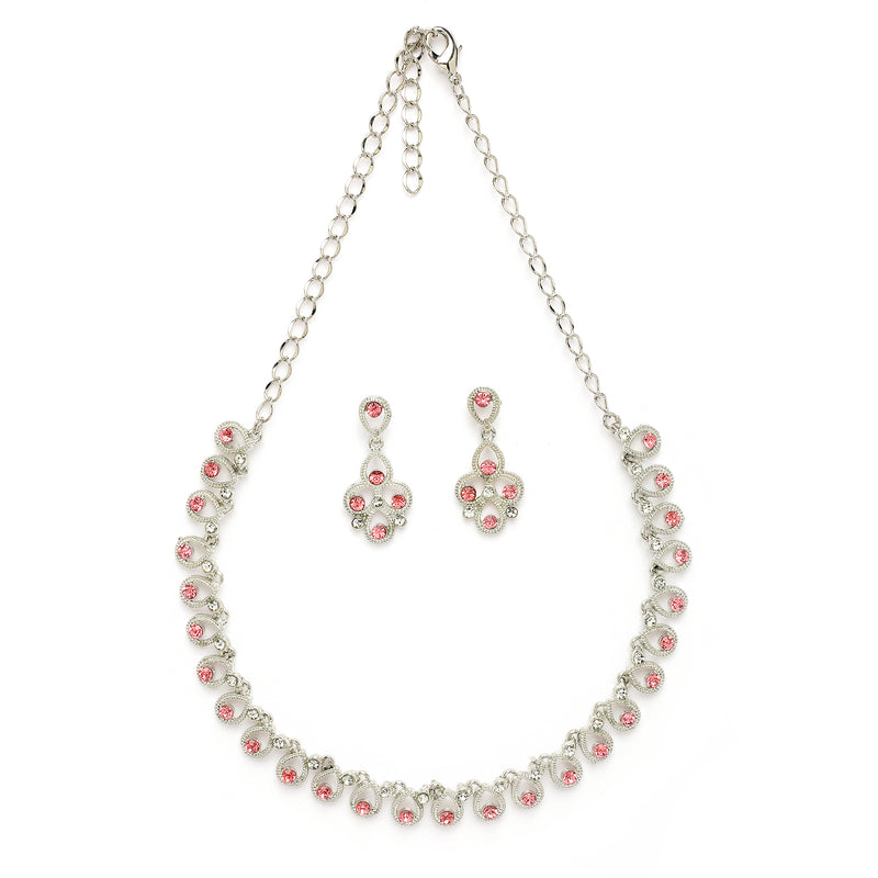 Rhodium Plated Silver Toned Teardrop Shaped Pink Cubic Zirconia Studded Jewellery Set