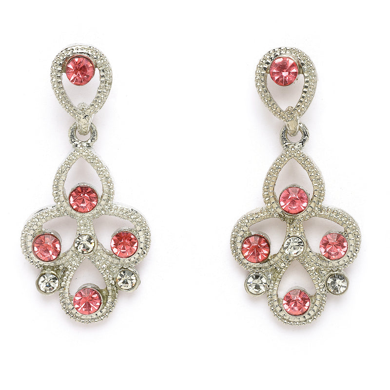 Rhodium Plated Silver Toned Teardrop Shaped Pink Cubic Zirconia Studded Jewellery Set