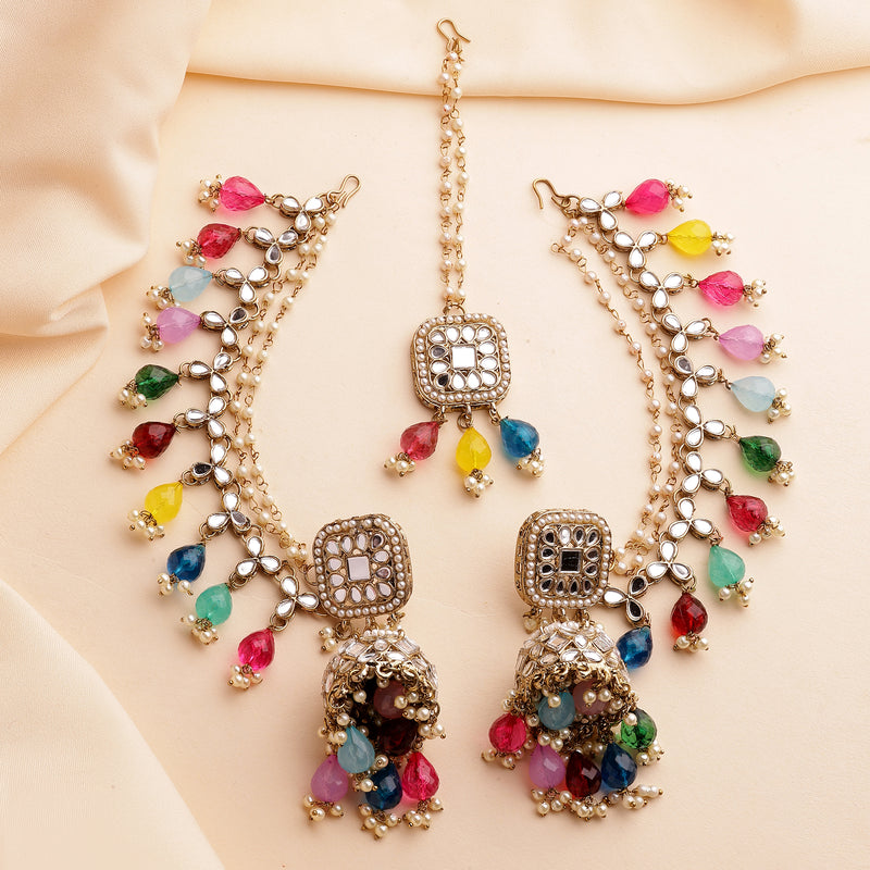 Traditional Gold Plated Kundan Studded And Multicolor Beaded Maang Tikka And Jhumkas With Multi Layered Ear Chain