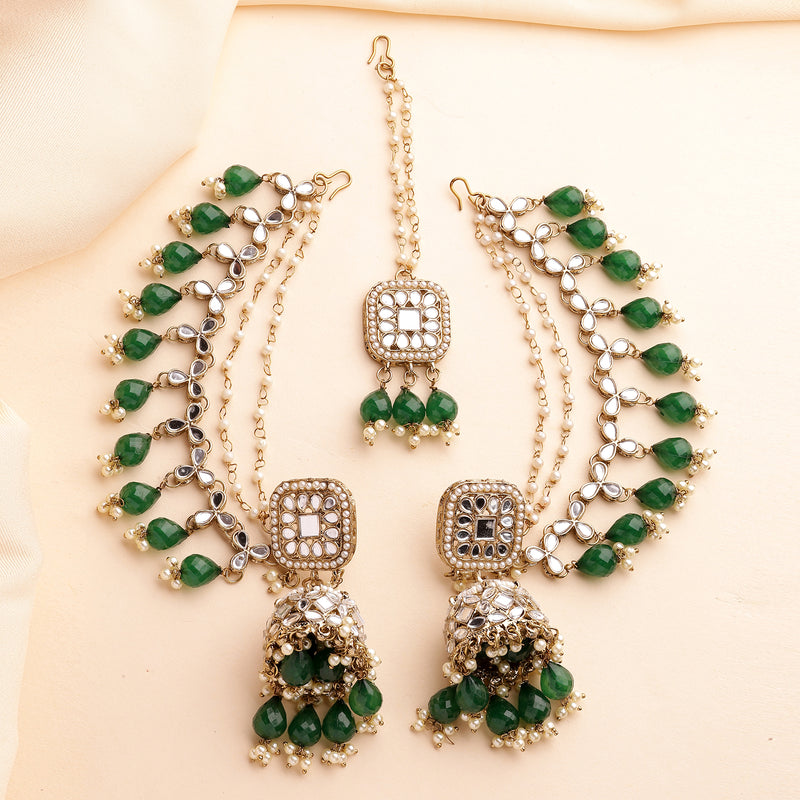 Traditional Gold Plated Kundan Studded Green & White Pearl Beaded Maang Tikka And Jhumkas With Multi Layered Ear Chain