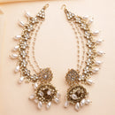 Traditional Gold Plated White Kundan Pearl Beaded Jhumkas With Multi Layered Ear Chain