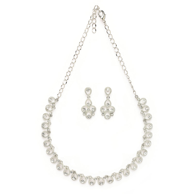 Rhodium Plated Silver Toned Teardrop Shaped White Cubic Zirconia Studded Jewellery Set