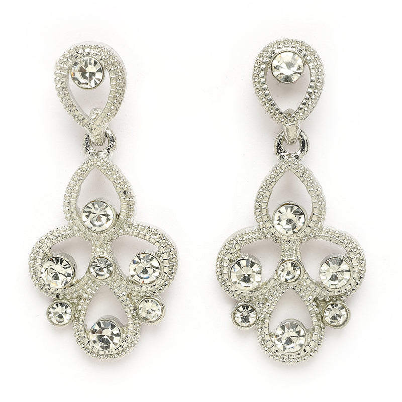 Rhodium Plated Silver Toned Teardrop Shaped White Cubic Zirconia Studded Jewellery Set