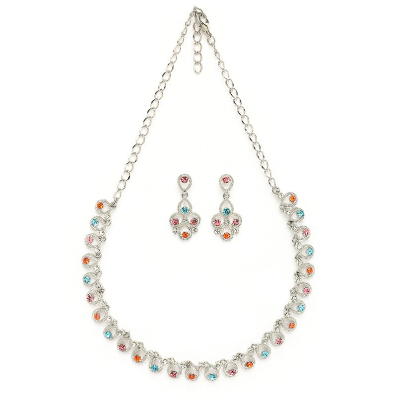 Rhodium Plated Silver Toned Teardrop Shaped Multicolor Cubic Zirconia Studded Jewellery Set