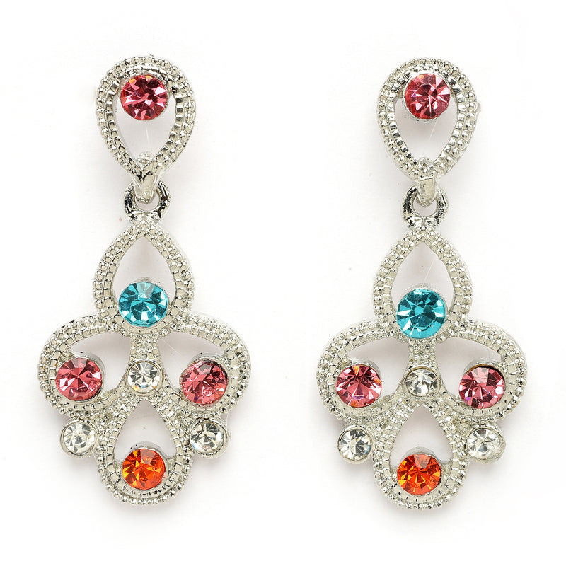 Rhodium Plated Silver Toned Teardrop Shaped Multicolor Cubic Zirconia Studded Jewellery Set