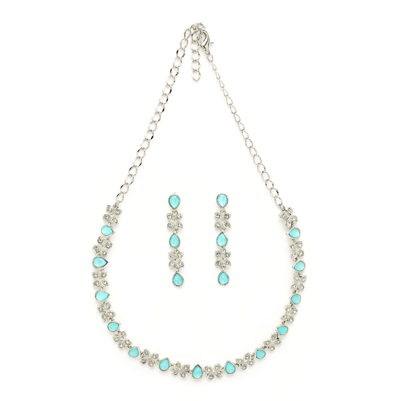 Rhodium Plated Silver Toned Butterfly Shaped Blue Cubic Zirconia Studded Jewellery Set