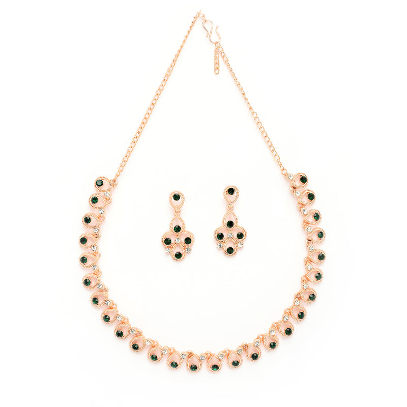 Rose Gold Plated Teardrop Shaped Cubic Zirconia Studded Necklace With Earrings Jewellery Set