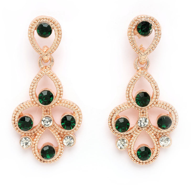 Rose Gold Plated Teardrop Shaped Cubic Zirconia Studded Necklace With Earrings Jewellery Set