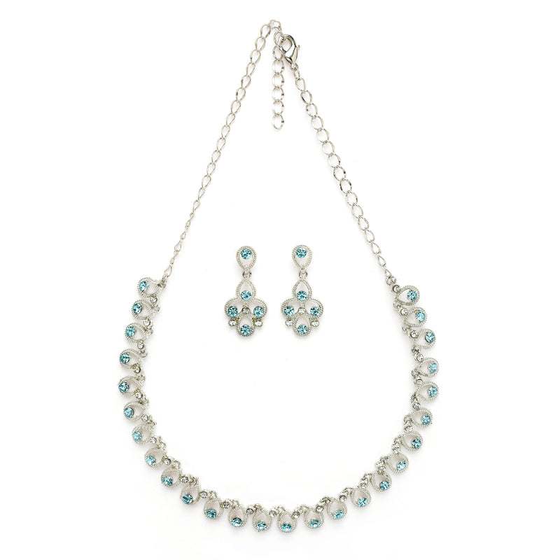 Rhodium Plated Silver Toned Teardrop Shaped Blue Cubic Zirconia Studded Jewellery Set