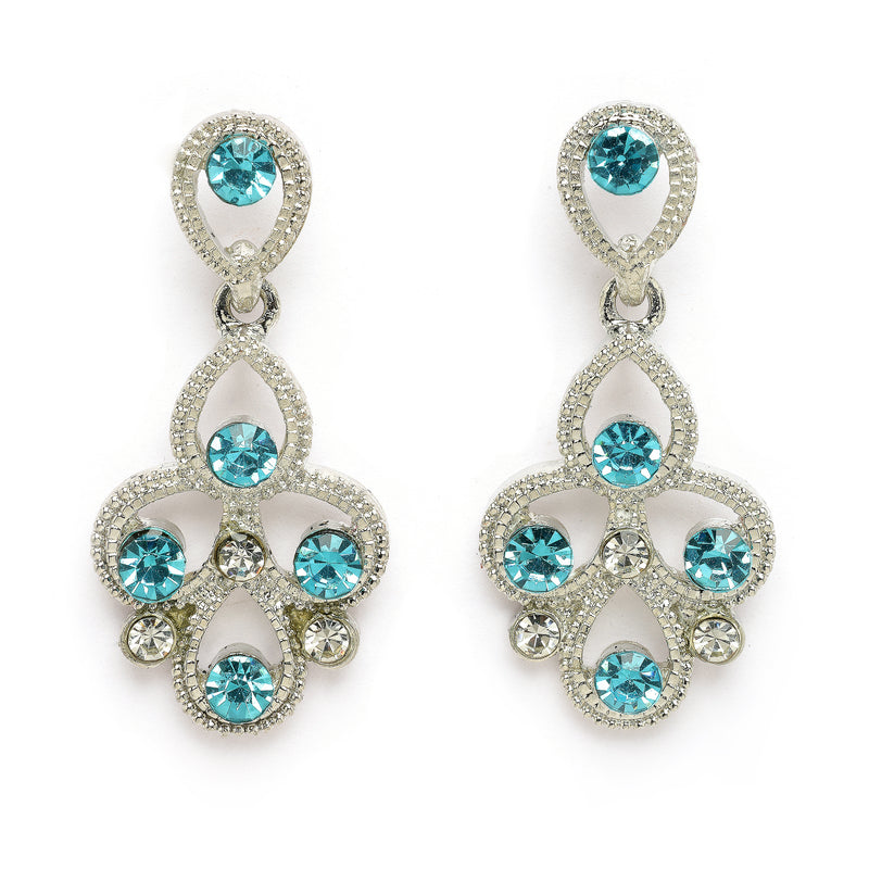 Rhodium Plated Silver Toned Teardrop Shaped Blue Cubic Zirconia Studded Jewellery Set