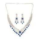 Rhodium Plated Silver Toned Teardrop Shaped Blue & White American Diamond Studded Jewellery Set