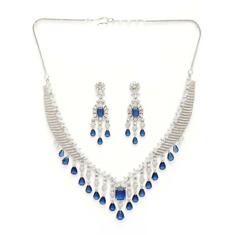 Rhodium Plated Silver Toned Teardrop Shaped Blue & White American Diamond Studded Jewellery Set