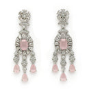 Rhodium Plated Silver Toned Teardrop Shaped Pink & White American Diamond Studded Jewellery Set