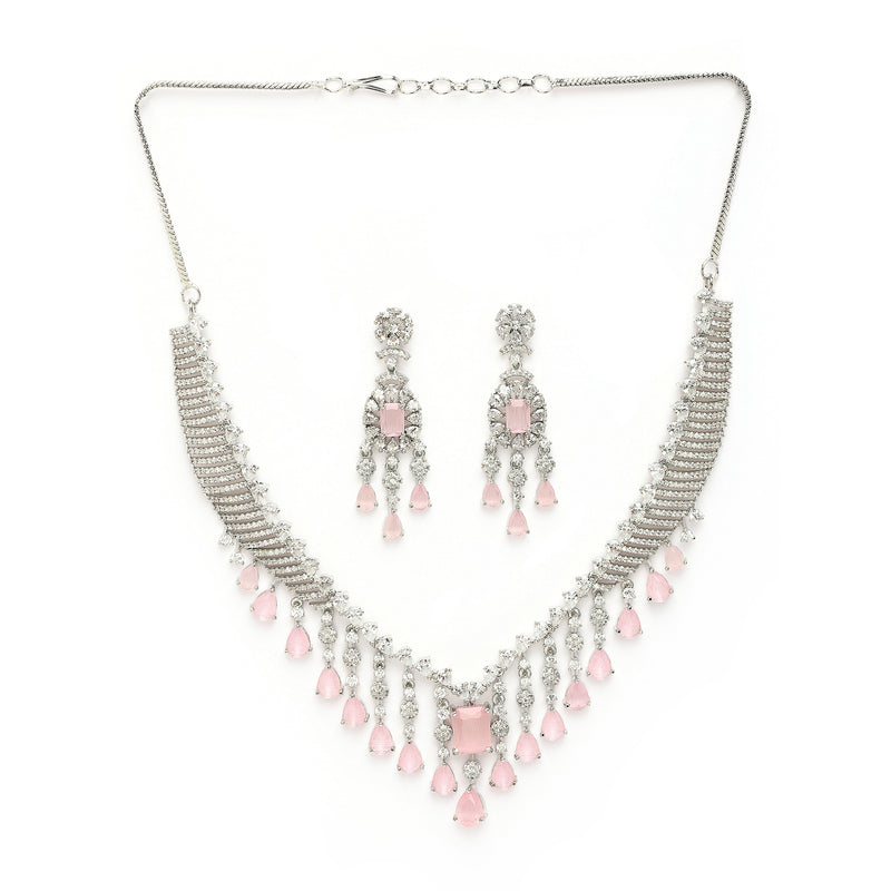 Rhodium Plated Silver Toned Teardrop Shaped Pink & White American Diamond Studded Jewellery Set