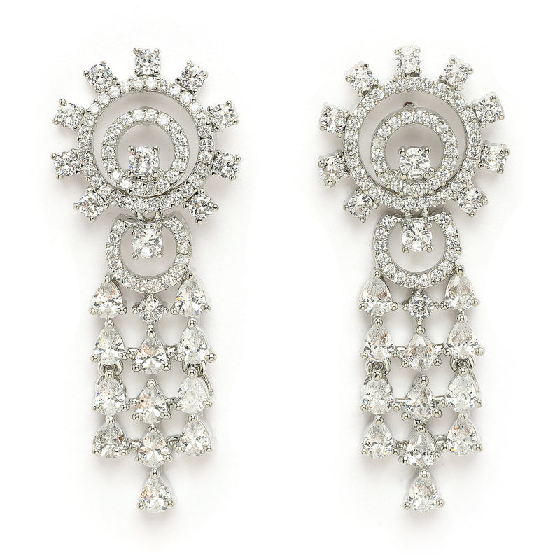 Rhodium Plated Silver Toned Teardrop Shaped White American Diamond Studded Jewellery Set