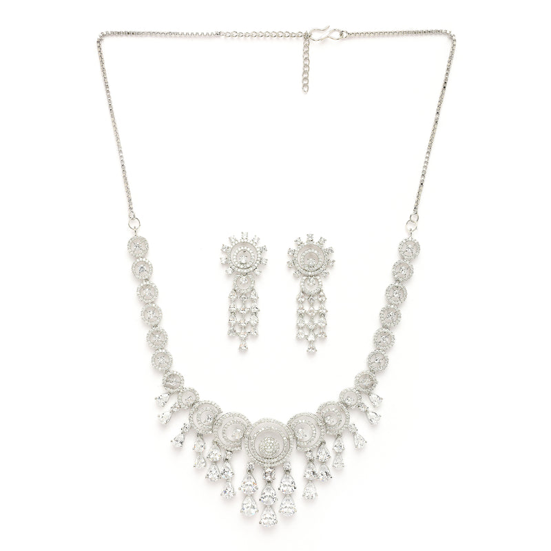 Rhodium Plated Silver Toned Teardrop Shaped White American Diamond Studded Jewellery Set