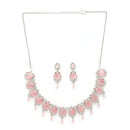 Rhodium Plated Silver Toned Rose Shaped Pink & White American Diamond Studded Jewellery Set