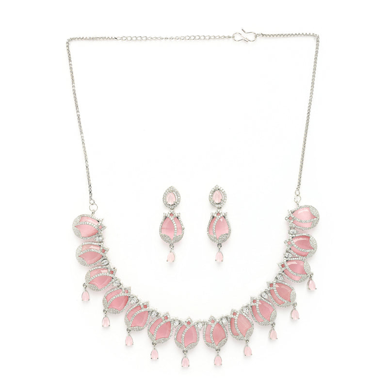 Rhodium Plated Silver Toned Rose Shaped Pink & White American Diamond Studded Jewellery Set