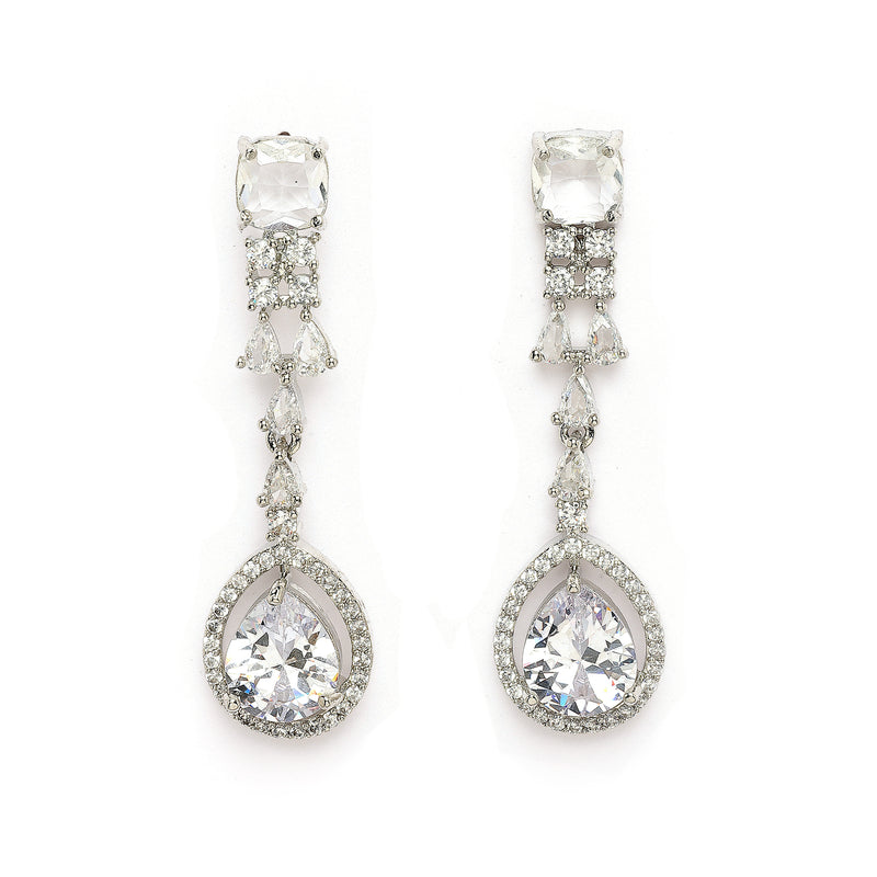 Rhodium Plated Silver Toned Teardrop Shaped White American Diamond Studded Jewellery Set