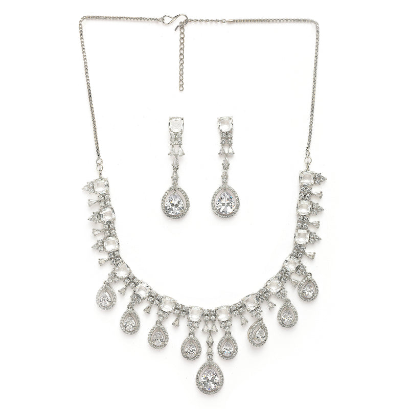 Rhodium Plated Silver Toned Teardrop Shaped White American Diamond Studded Jewellery Set