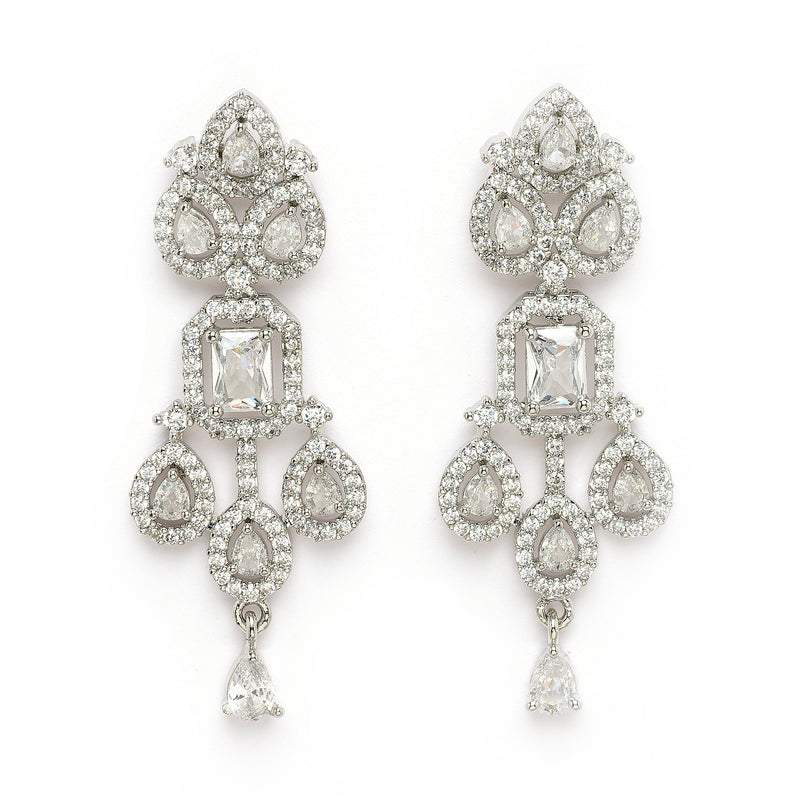 Rhodium Plated Silver Toned Teardrop White American Diamond Studded Jewellery Set