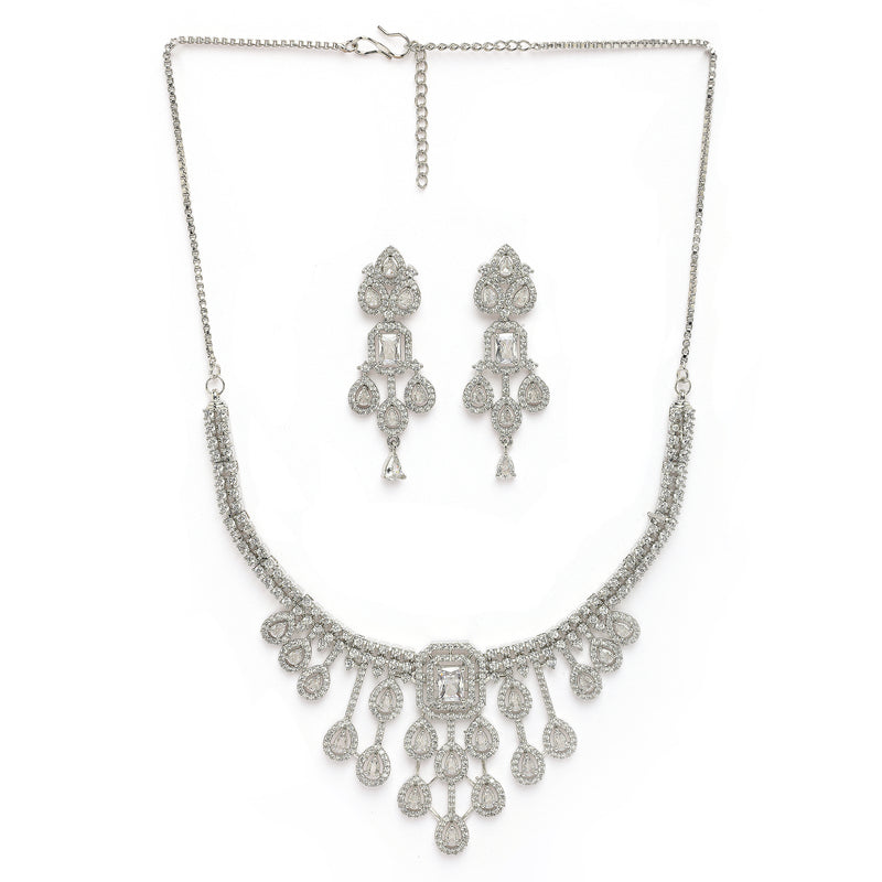Rhodium Plated Silver Toned Teardrop White American Diamond Studded Jewellery Set
