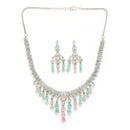 Rhodium Plated Silver Toned Teardrop Shaped Pink & Sea Green American Diamond Studded Jewellery Set