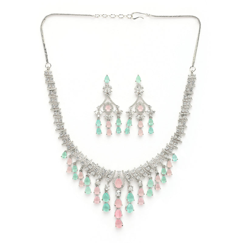 Rhodium Plated Silver Toned Teardrop Shaped Pink & Sea Green American Diamond Studded Jewellery Set