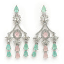 Rhodium Plated Silver Toned Teardrop Shaped Pink & Sea Green American Diamond Studded Jewellery Set