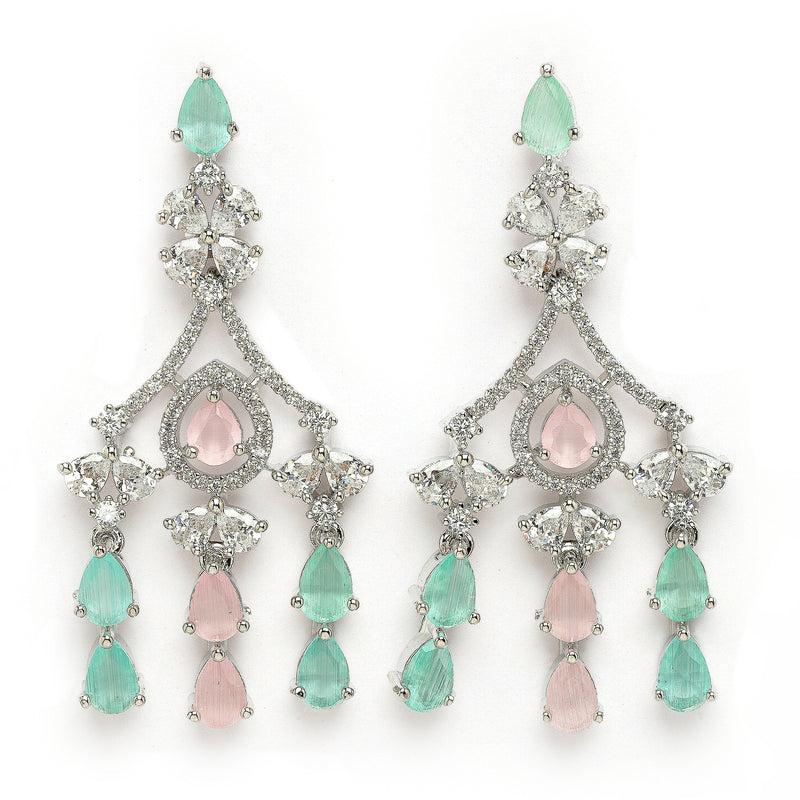 Rhodium Plated Silver Toned Teardrop Shaped Pink & Sea Green American Diamond Studded Jewellery Set