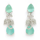 Rhodium Plated Silver Toned Leaf Teardrop Shaped Sea Green & White American Diamond Studded Jewellery Set