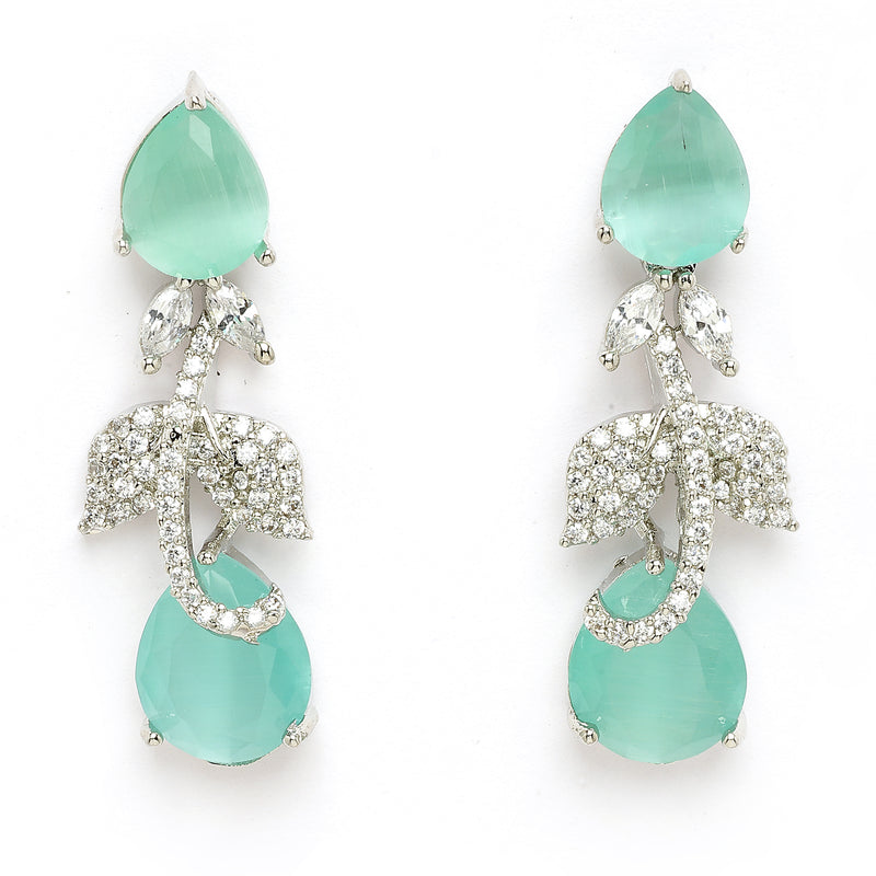 Rhodium Plated Silver Toned Leaf Teardrop Shaped Sea Green & White American Diamond Studded Jewellery Set